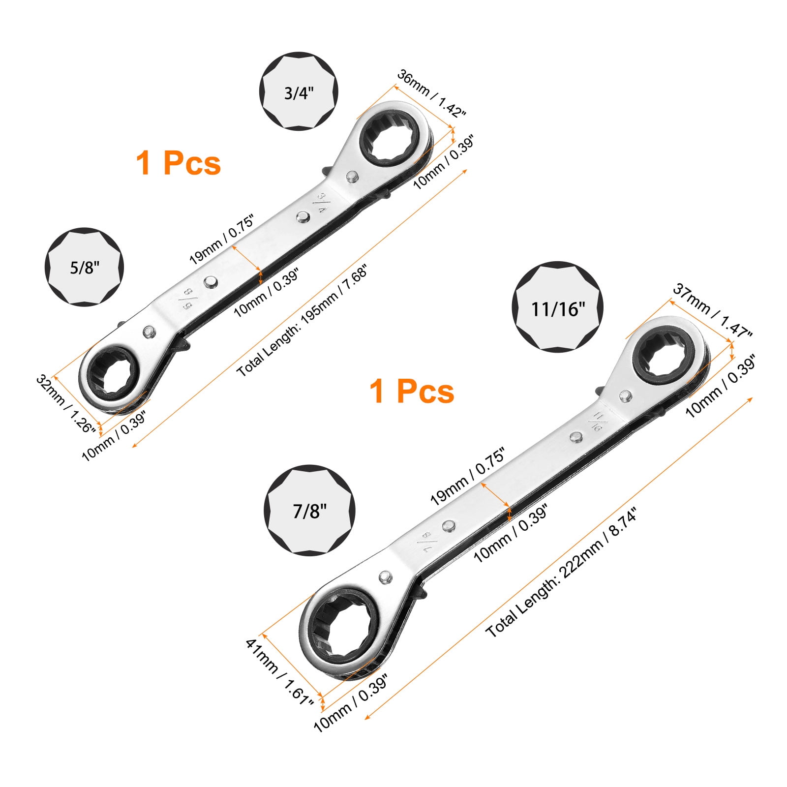 Uxcell 2pcs 3/4" 5/8" 11/16" 7/8" SAE 25 Degrees Double Head HVAC Service Wrench