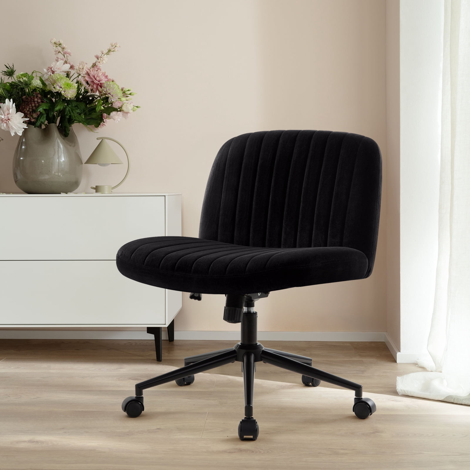 IWMH Ergonomic Armless Task Office Chair with Wheels, Cross Legged Wide Seat Desk Chair, Black Velvet Upholstered Swivel Vanity Chair, for All Ages