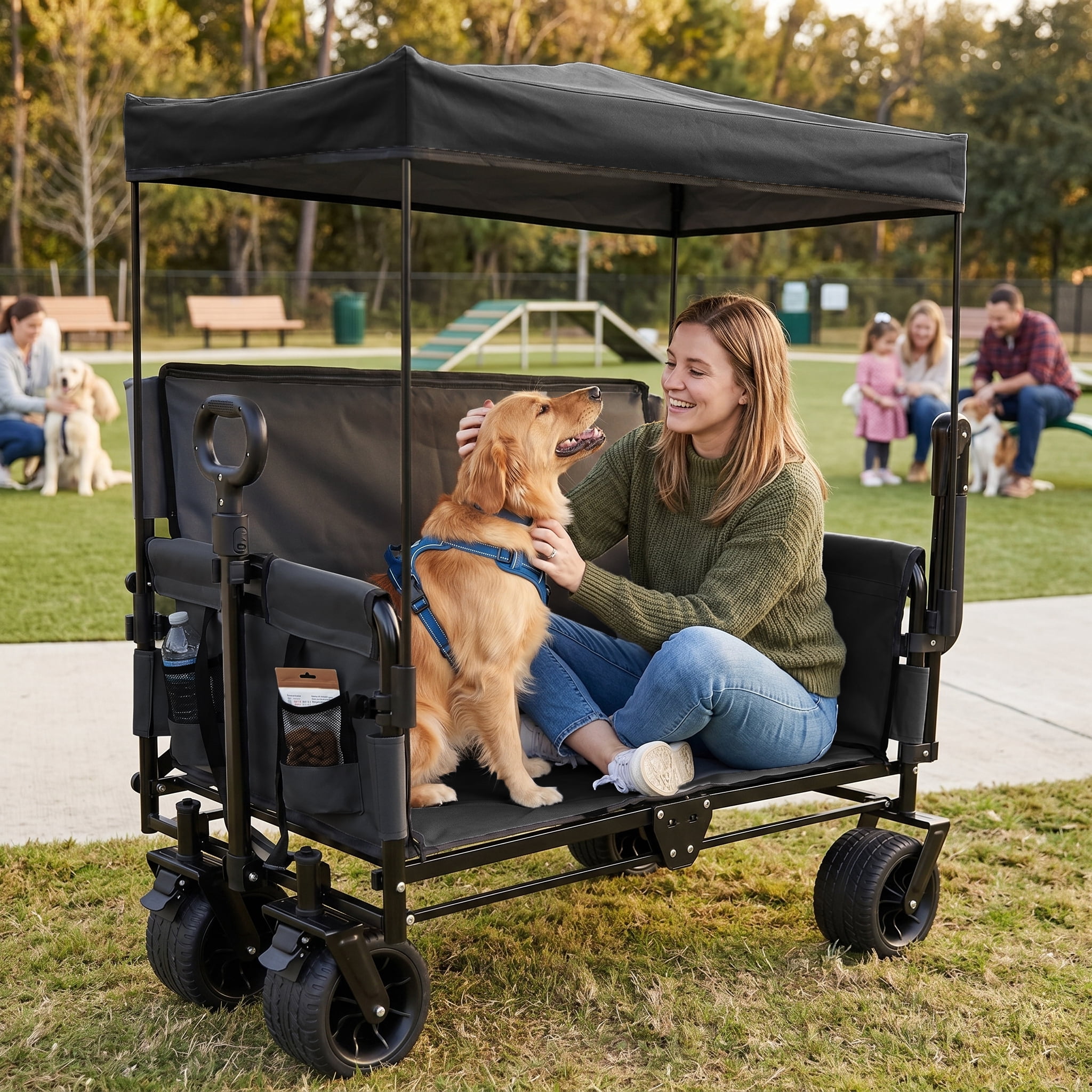 3-in-1 Folding Wagon with Bench Seat & Canopy, 500LBS Heavy-Duty 180L Capacity All-Terrain Cart for Camping Beach Garden Sports