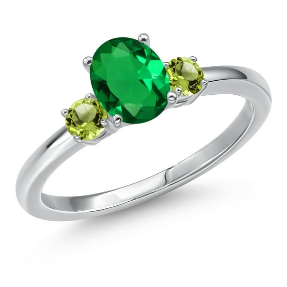Gem Stone King 14K White Gold Green Nano Emerald and Green Peridot Engagement Ring for Women | 0.84 Cttw | Oval 7X5MM | Gemstone May Birthstone | Size 5