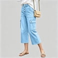 thumbnail image 6 of Usloyux Women's Wide Leg Capri Pants High Waisted with Pockets Casual Solid Streetwear Cargo Trousers for Summer Vacation Beach, Light Blue M, 6 of 6