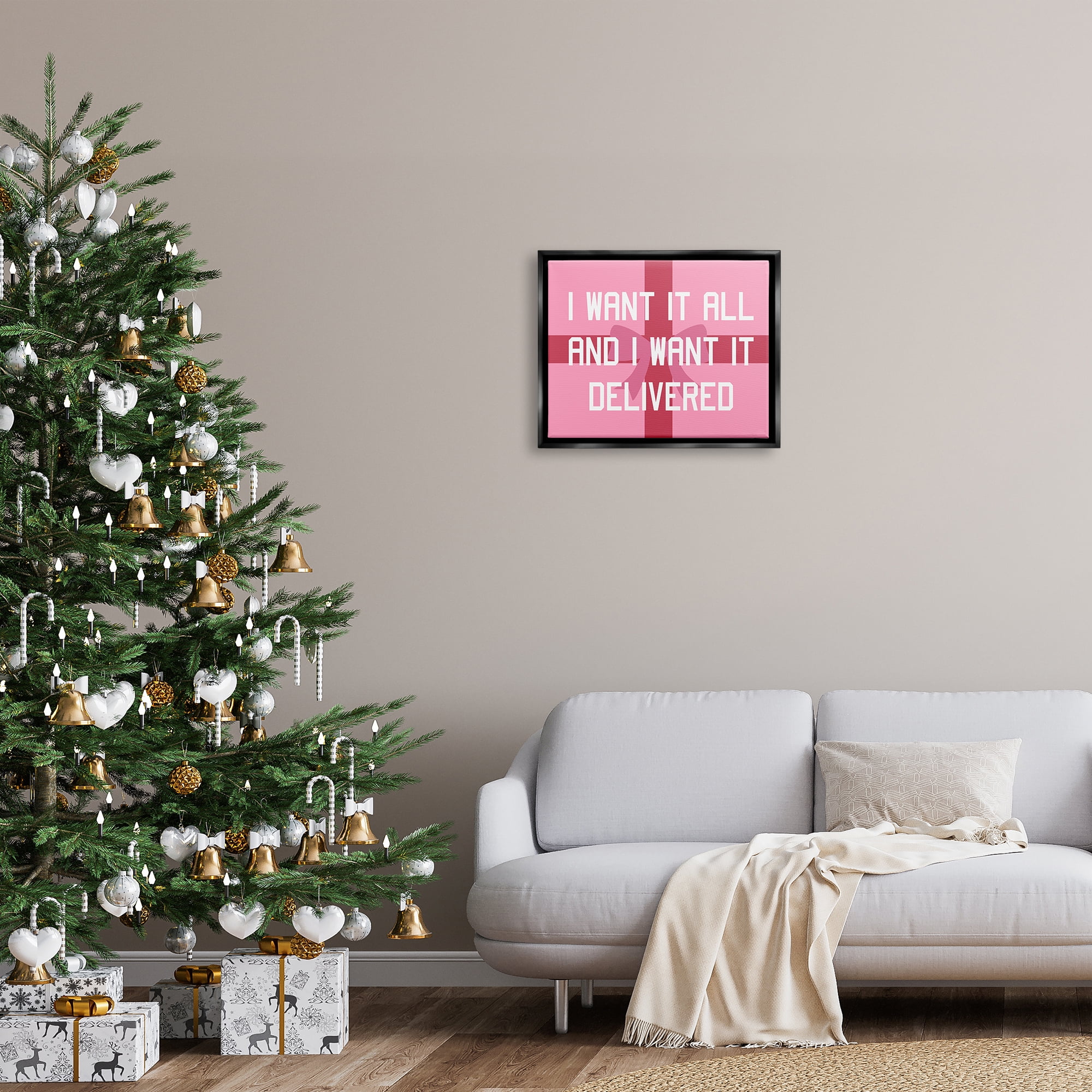 Stupell Industries Funny Want Gifts Delivered Holiday Painting Black Floater Framed Canvas Art Print Wall Art, 21 x 17