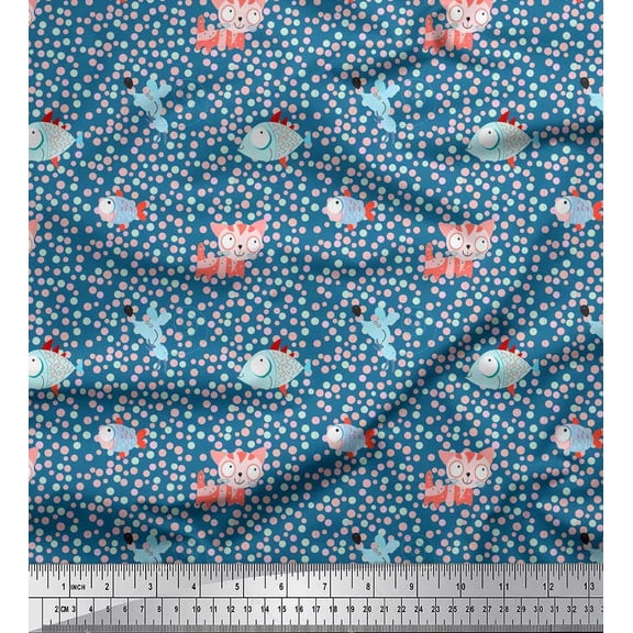 Soimoi Viscose Chiffon Fabric Dot,Fish & Cat Kids Printed Fabric 1 Yard 42 Inch Wide