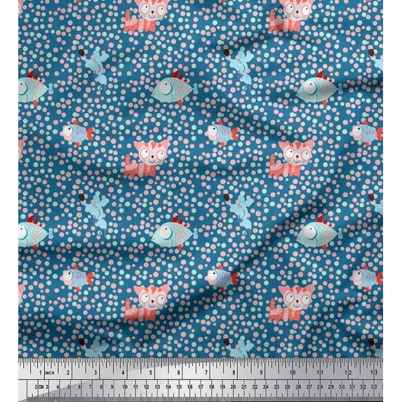 Soimoi Satin Silk Fabric Dot,Fish & Cat Kids Printed Craft Fabric by The Yard 42 Inch Wide