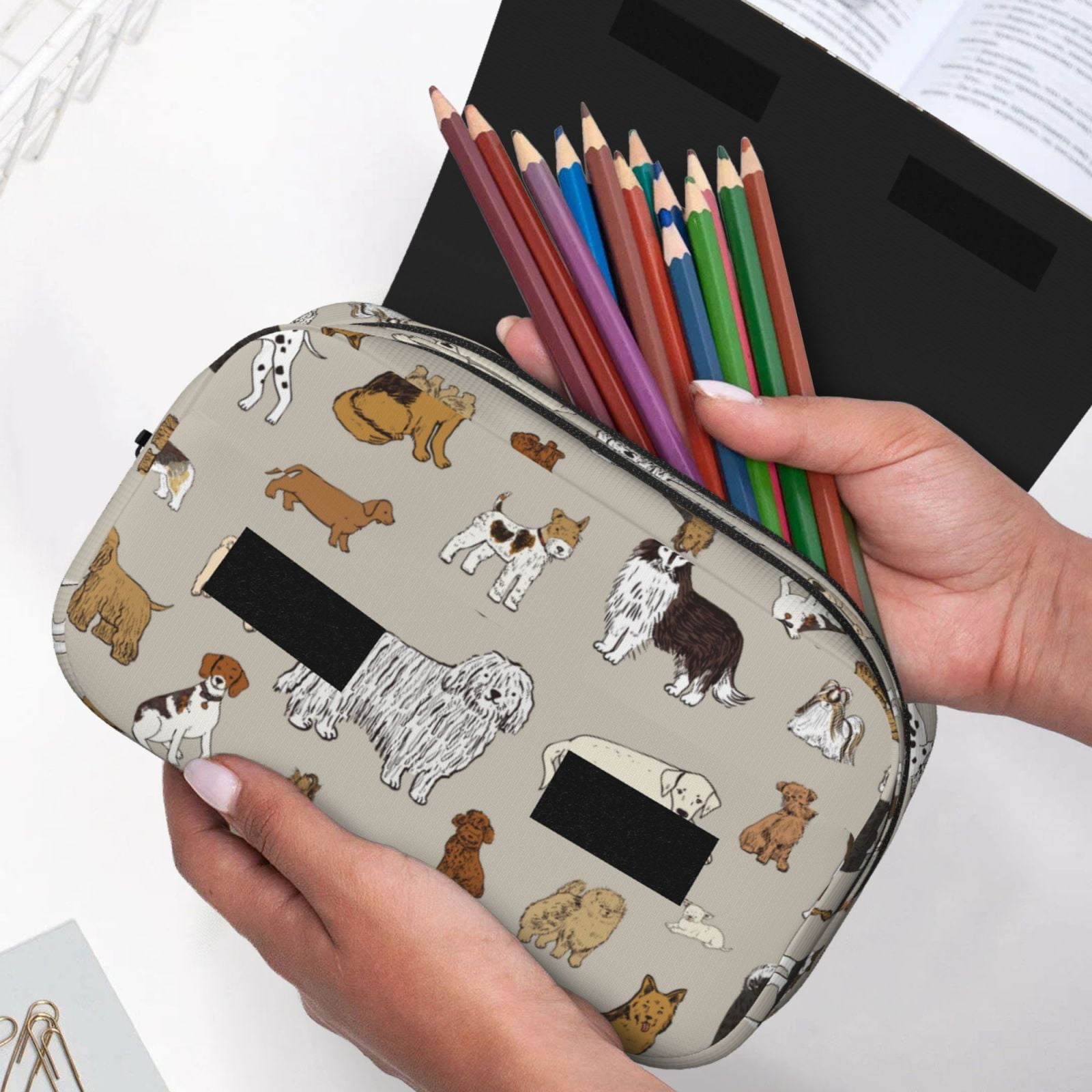 Rateoe Dog Animal Pattern Double Clamshell Pen Case, Storage Organizer with Two Zipper Compartments– Holds Up to 50 Pencils & Pens