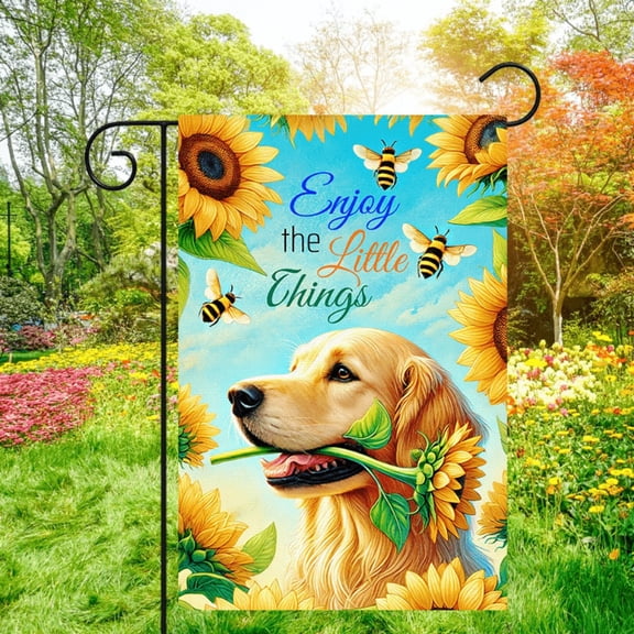 1 piece, double-sided spring retro country-style garden flag - 2D flat sunflower Golden Retriever pattern design, courtyard logo, perfect for courtyard, lawn and outdoor decoration, garden decoration