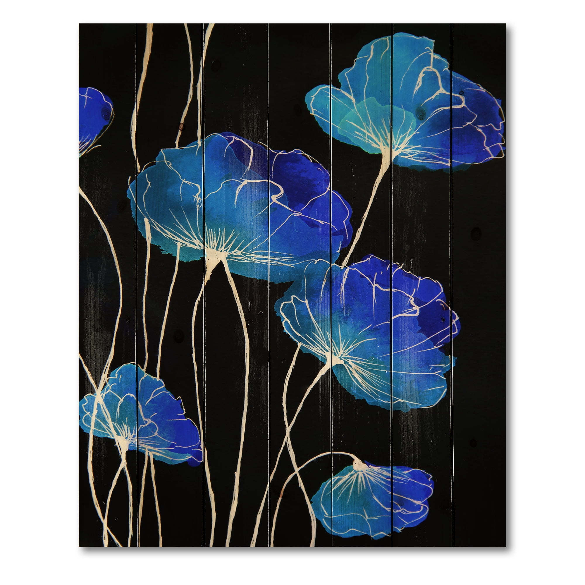 Designart 'Detail of Blue Flowers On Black Background II' Traditional Print on Natural Pine Wood