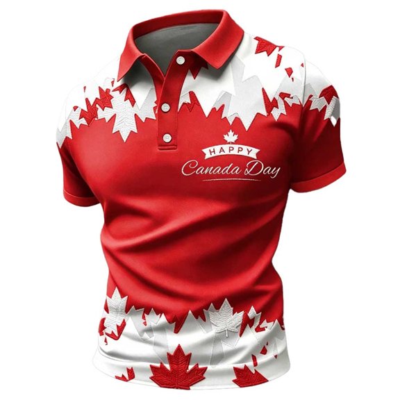 Men's Golf Polo Shirt Canadian Flag Leaf Pattern Casual Loose Collar Buttoned Short Sleeved Shirt