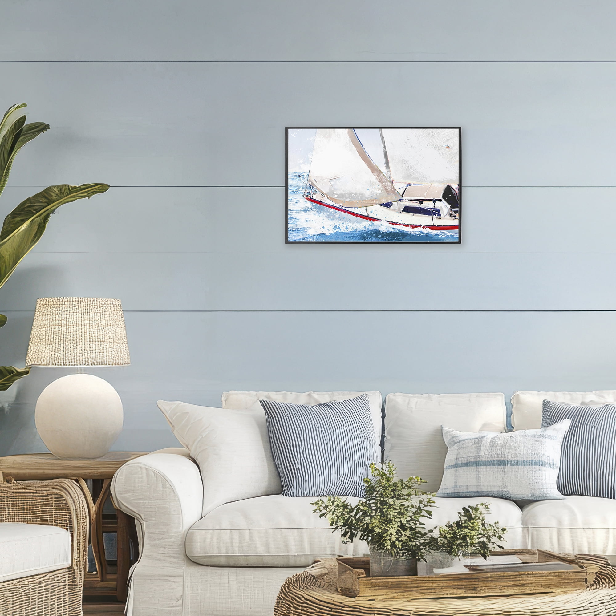 Stupell Industries Sailboat Racing Through Blue Waves Black Framed Giclee Art, design by Porter Hastings