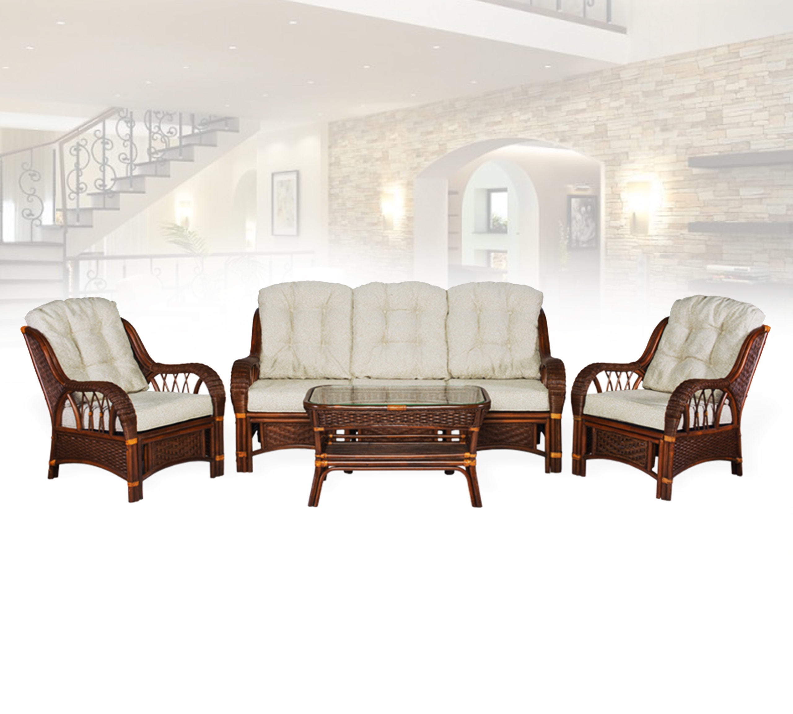 SK New Interiors Alexa Rattan Wicker Living Room Set 4 Pieces 2 Lounge Chair ThreeSeater Sofa Coffee Table Dark Walnut Color Handmade Design With Cushion Walmartcom Walmartcom