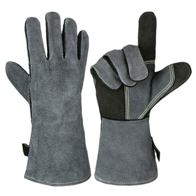 Guantes para barbacoa de piel de vaca resistentes al calor, 14 pulgadas, color negro