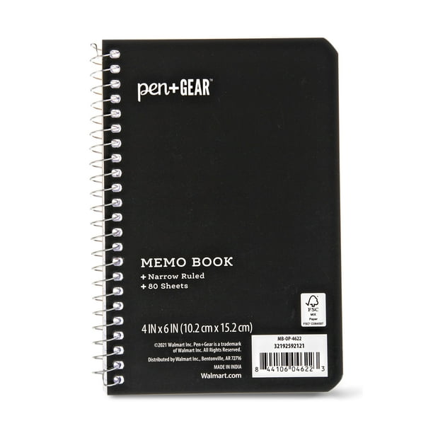 Pen+Gear Memo Book, 4x6, Narrow Ruled, 80 Sheets, Black, Spiral Bound
