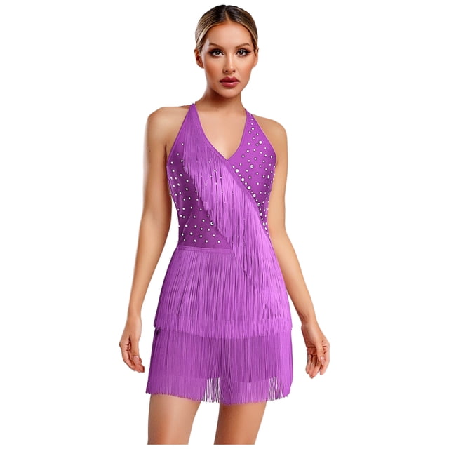iixpin Justaucorps à Franges en Strass pour Femmes Cocktail Salon Rumba Salsa Danse Justaucorps Combishort Violet 3TG