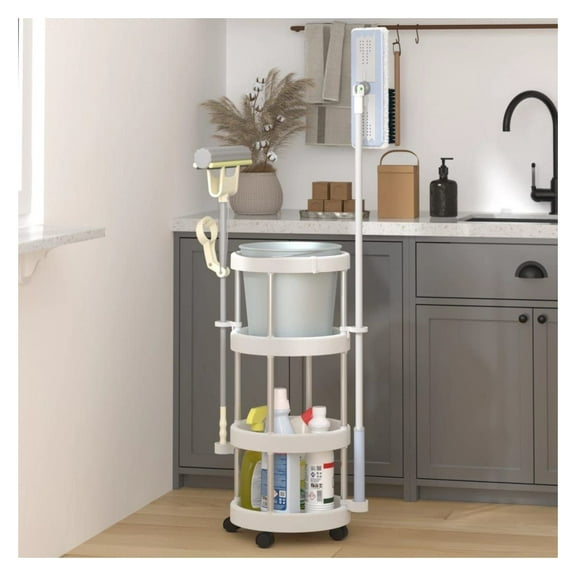 Cleaning Trolley with Storage Basket - Aluminum Rolling Organizer Cart - Silver & White - 13.4" x 29.5" - 4 Wheels - Home, Office, Janitorial Use