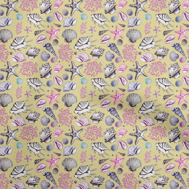 oneOone Cotton Cambric Pale Yellow Fabric Sea Shells Pattern Craft Projects Decor Fabric Printed By The Yard 56 Inch Wide