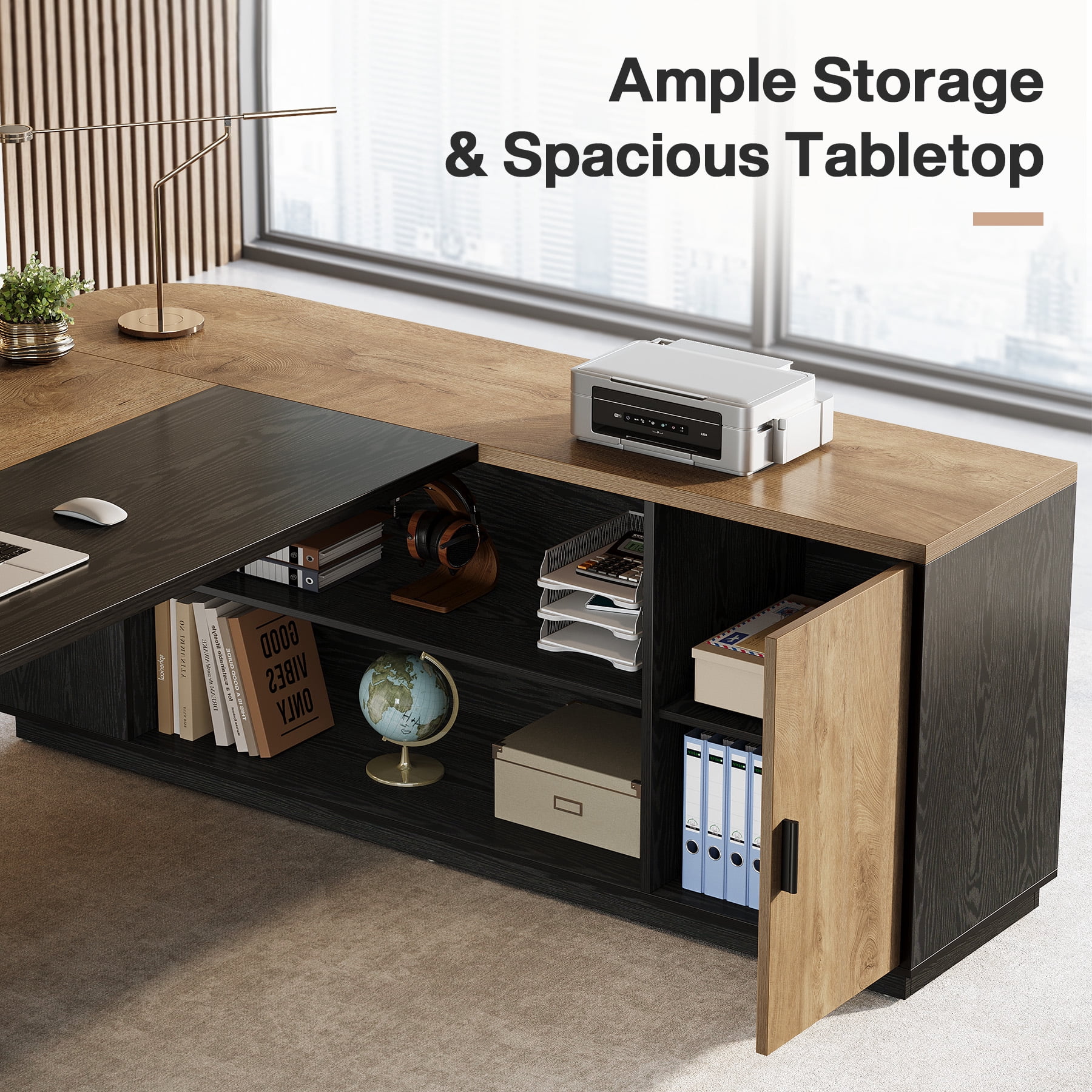 Finmind 79-inch L-Shaped Executive Desk, Large Office Desk with Cabinet and Storage Shelves for Home Office, Light Brown and Black