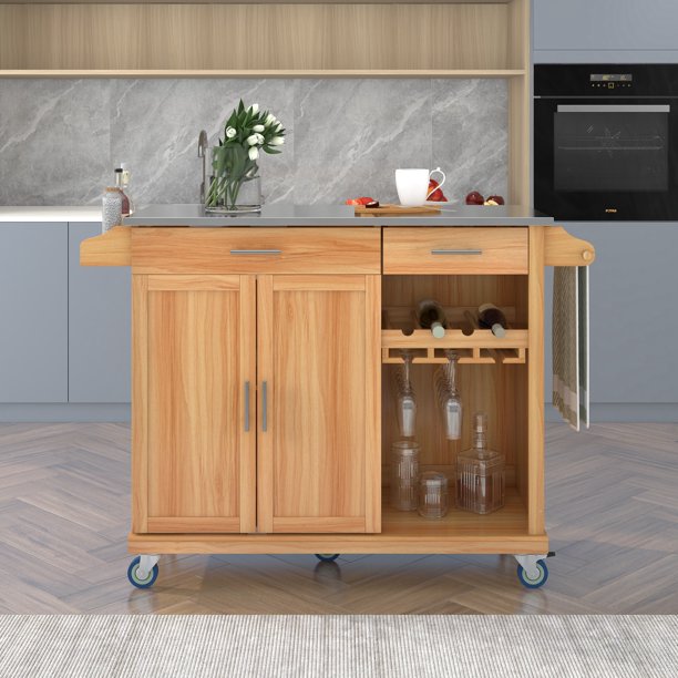 WEPSEN Storage Dining Cart, Modern Kitchen Cart with 2 Drawers and Adjustable Shelves, Kitchen