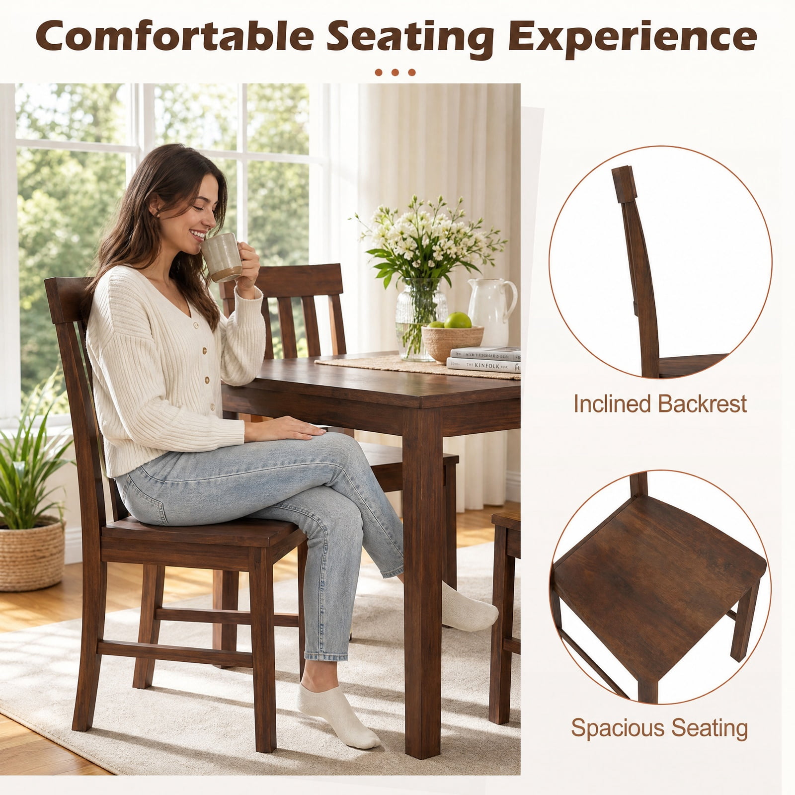 Furnibear Rubber Wood Dining Chairs Set of 2 with High Slat Backrests for the Dining Room Kitchen Study and Reception Room, Brown