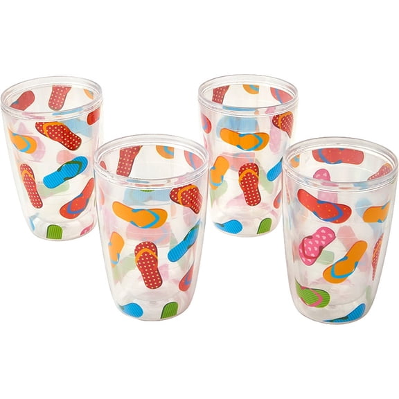 Plastic 16oz Insulated Tumbler Set of 4 Flamingo or Flipflops - Flip-Flops