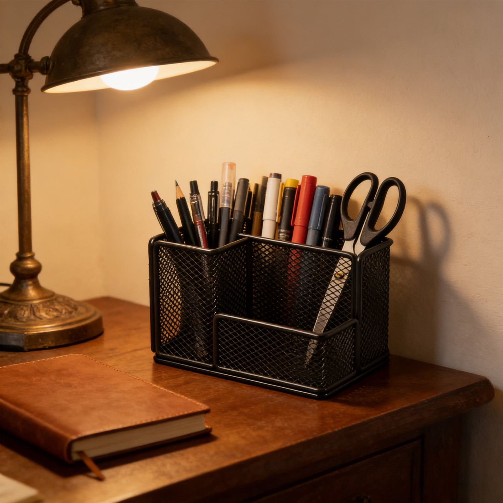 Mesh Pen Pencil Holder Desk Organizer, 3 Compartment Wire Desktop Pen Pencil Cup Caddy Office Supplies Desk Accessories for Home Office, Black