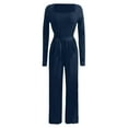 thumbnail image 4 of sususu Women's Jumpsuit Long Sleeve Square Neck Belted Wide Leg Romper Outfit Elegant Casual Loose Overalls,Navy,XL, 4 of 5