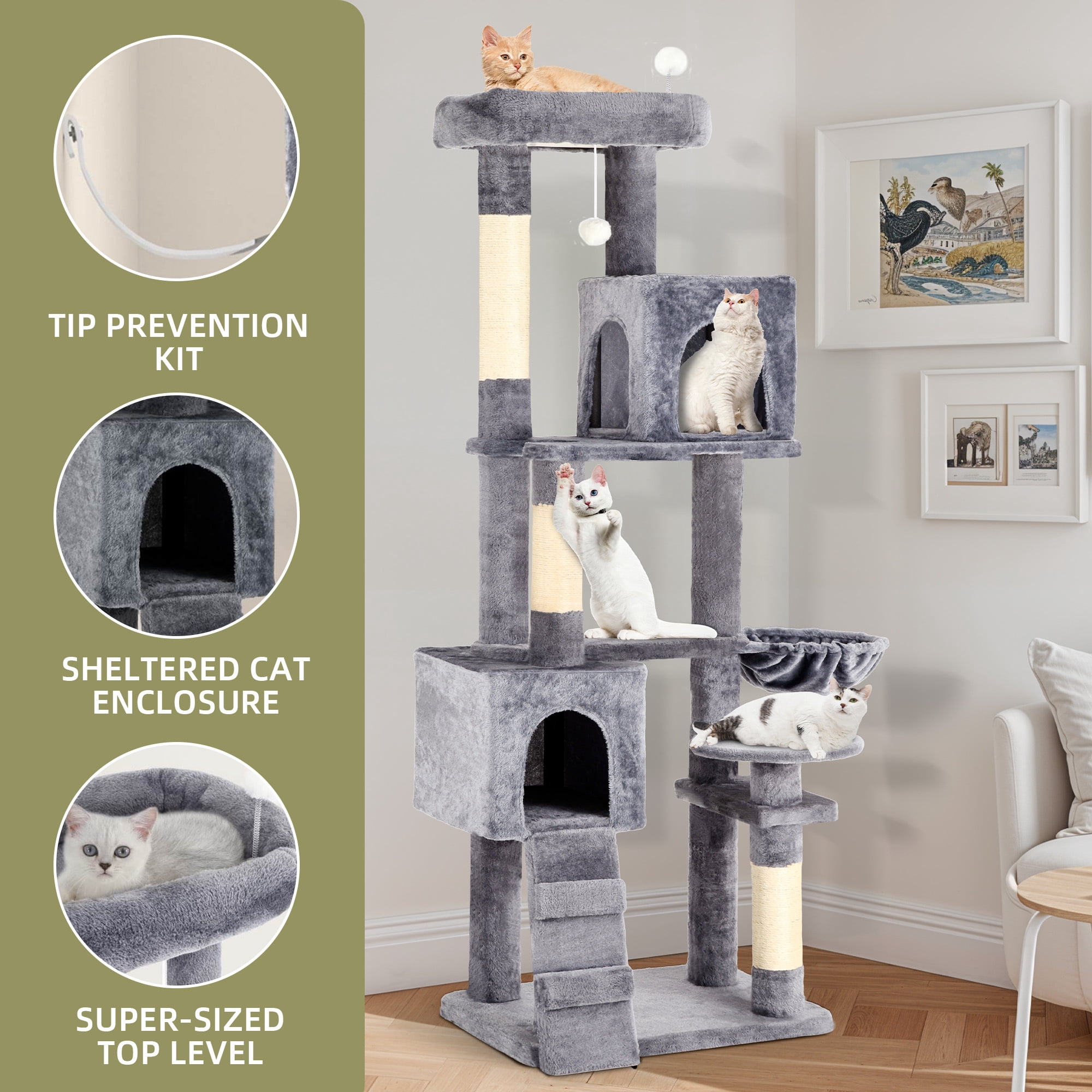 Uforic 70" Cat Tree Condo Multi-Level Tower with  Scratching Posts &Cozy Basket for Indoor  Cats, Light Gray