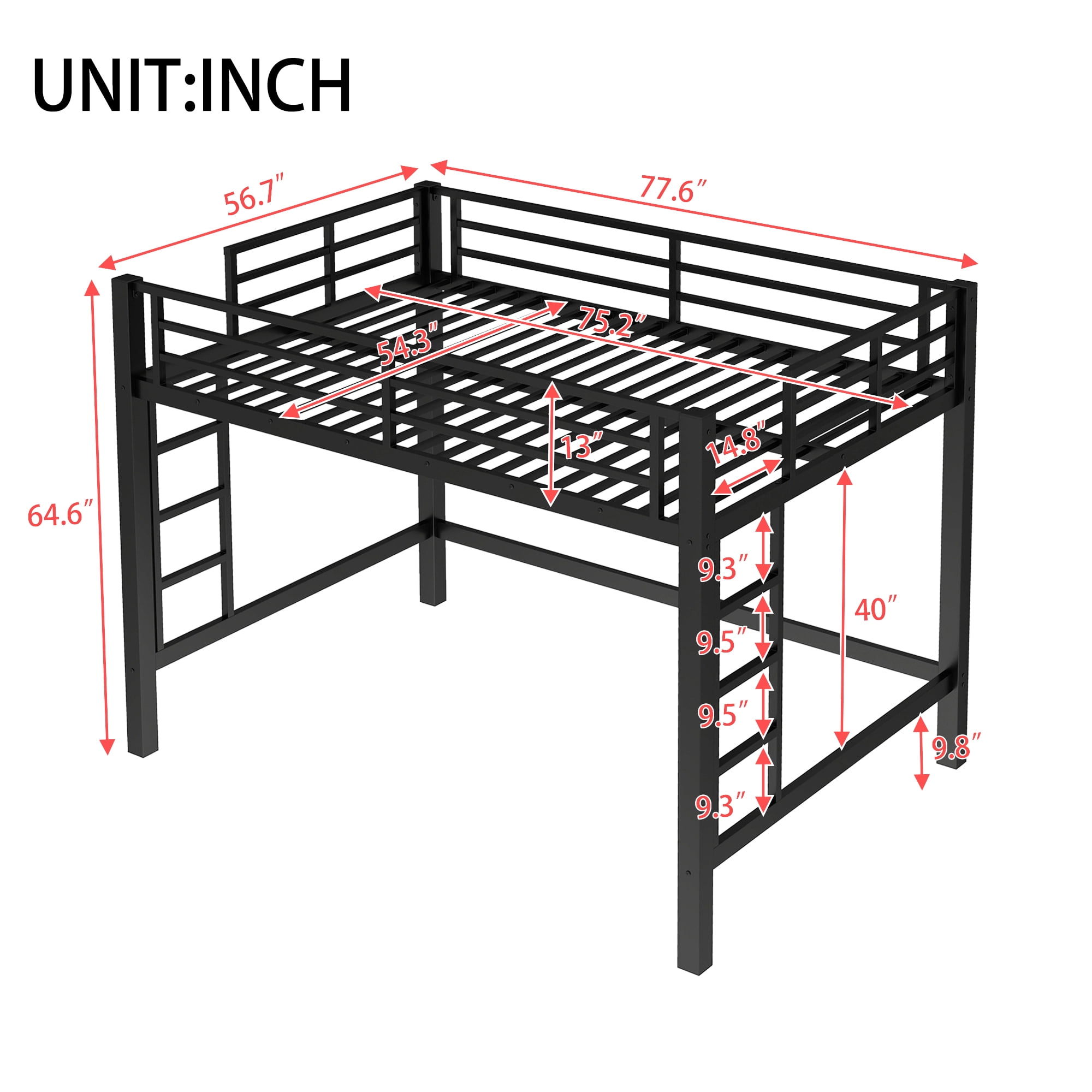 Aukfa Heavy Duty Full Size Metal Loft Bed for Kids, Teens and Adults, Space-Saving, Black