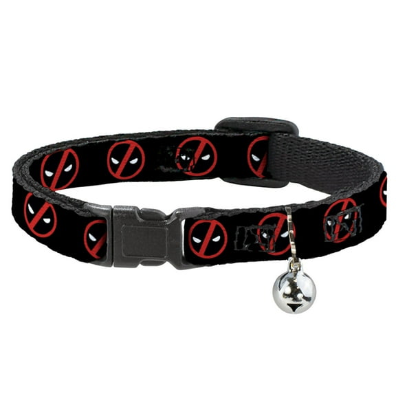 Marvel Comics Breakaway Cat Collar With Bell, Plastic Clip, Easy Adjustable, Deadpool Logo Black Red White, 8.5 to 12 Inches 0.5 Inch Wide