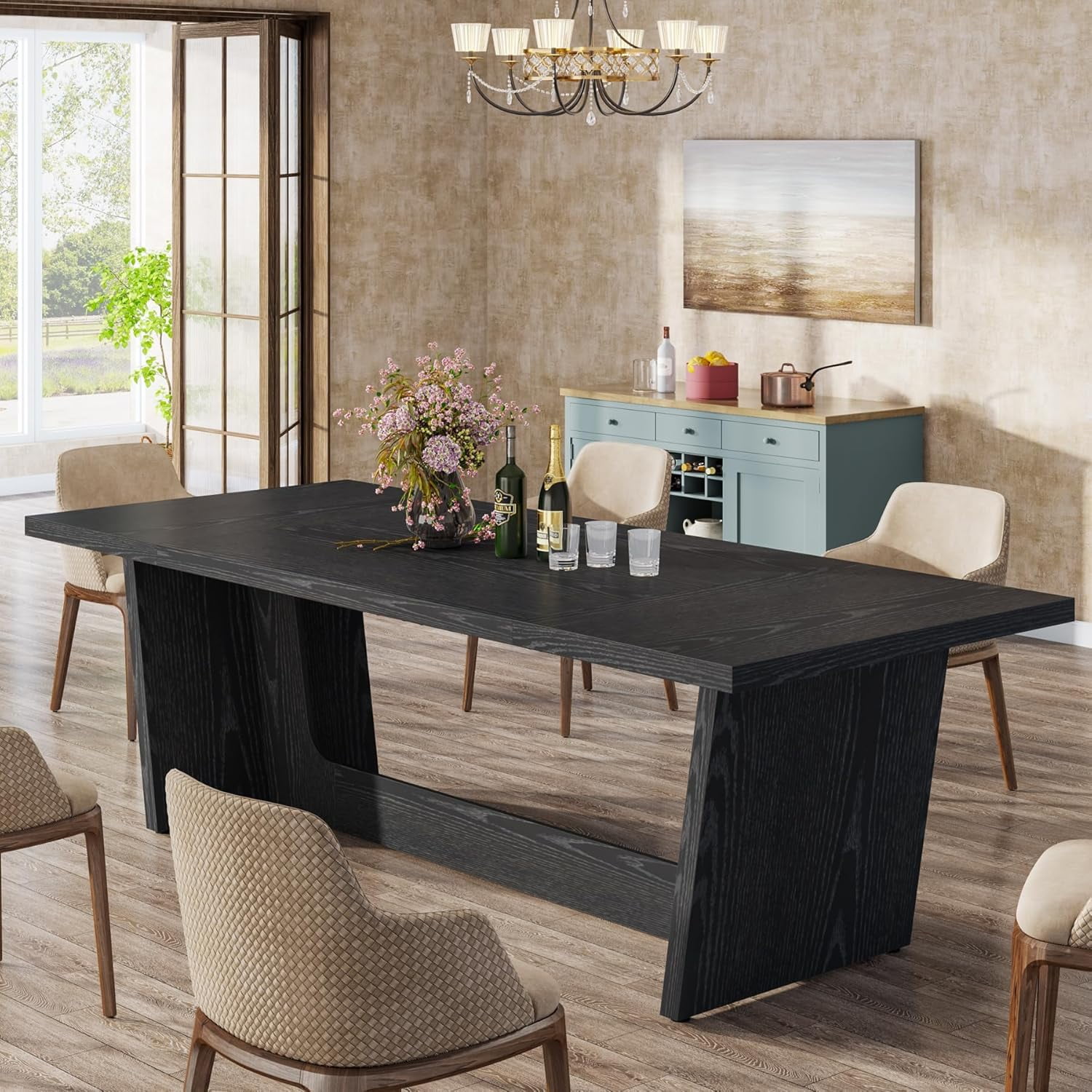 Finmind 70.87" Dining Room Table: Solid Wooden Farmhouse Kitchen Table for 6-8, Rustic Long Dinner Table, Black