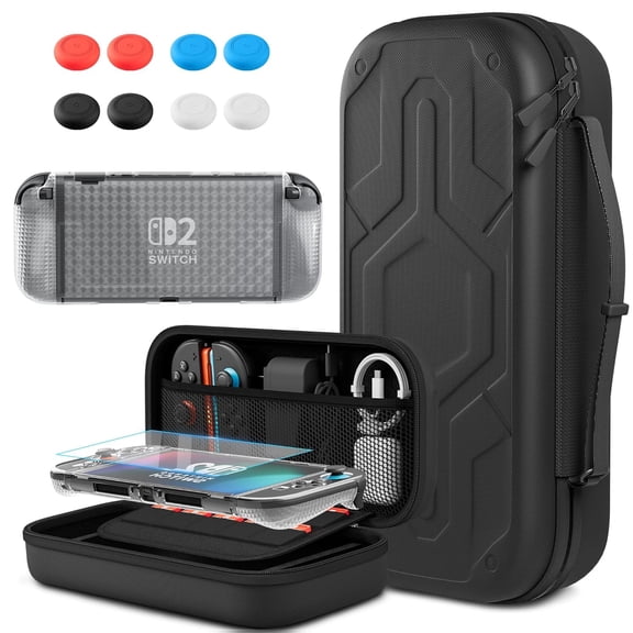 Carry Case Bundle for Switch 2 2025 Accessories, Portable Hard Carrying Cover with TPU Soft Diamond Protective Skin, Screen Protector, 8 Thumb Grips for Switch 2