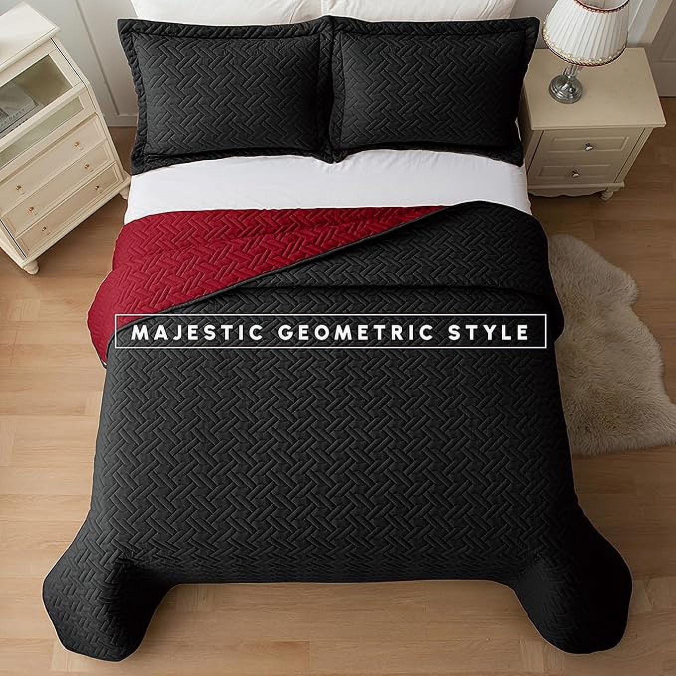 Elegant Comfort 3-Piece Quilted Reversible Bedspread Coverlet Set with Pillow Shams, Exquisite Majestic Stitching All Season Heavy Weight - Ultra Soft Premium Quilt- Queen, Black/Burgundy
