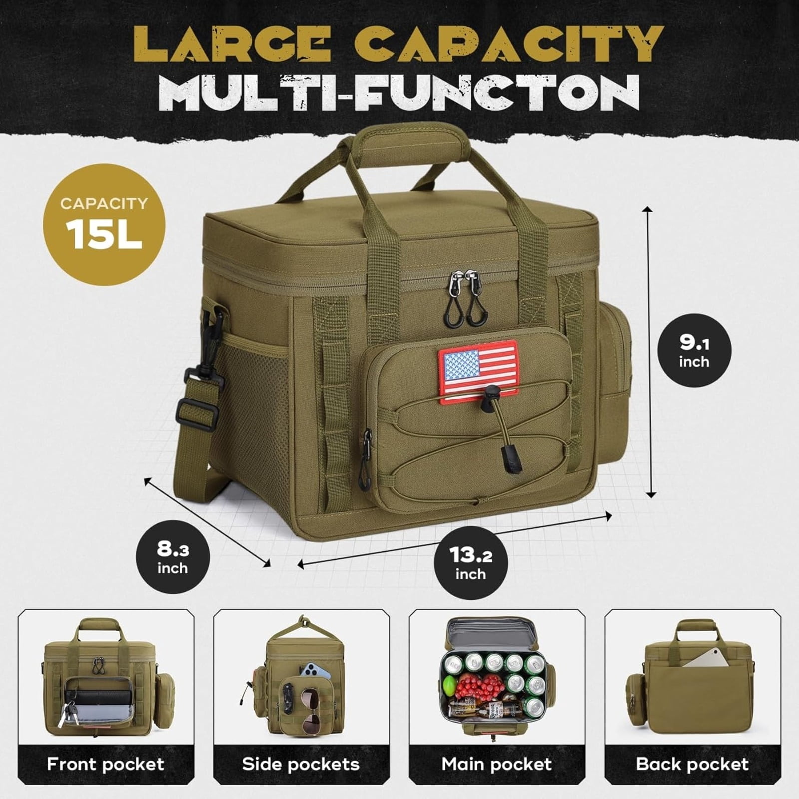 Tactical Lunch Box for Men with 5 Slim Ice Packs, 15L Insulated Cooler Bag with MOLLE Pouch