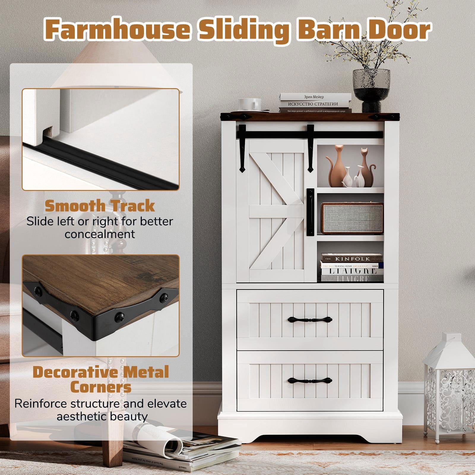 Resenkos Farmhouse Bathroom Floor Cabinet, Freestanding Wooden Organizer with Sliding Barn Door and Adjustable Shelves, Organizer with Anti-Toppling Design for Home, Bathroom, White