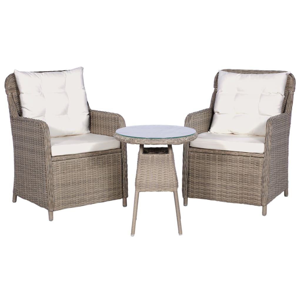 Veryke Outdoor 3-Piece Furniture Wicker Bistro Set Glass-top Table and Conversation Chairs with Cushion