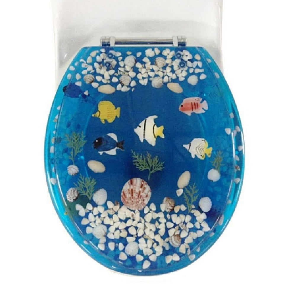Elegant Touch Fish Design Polyresin Standard Toilet Seat, Clear Blue