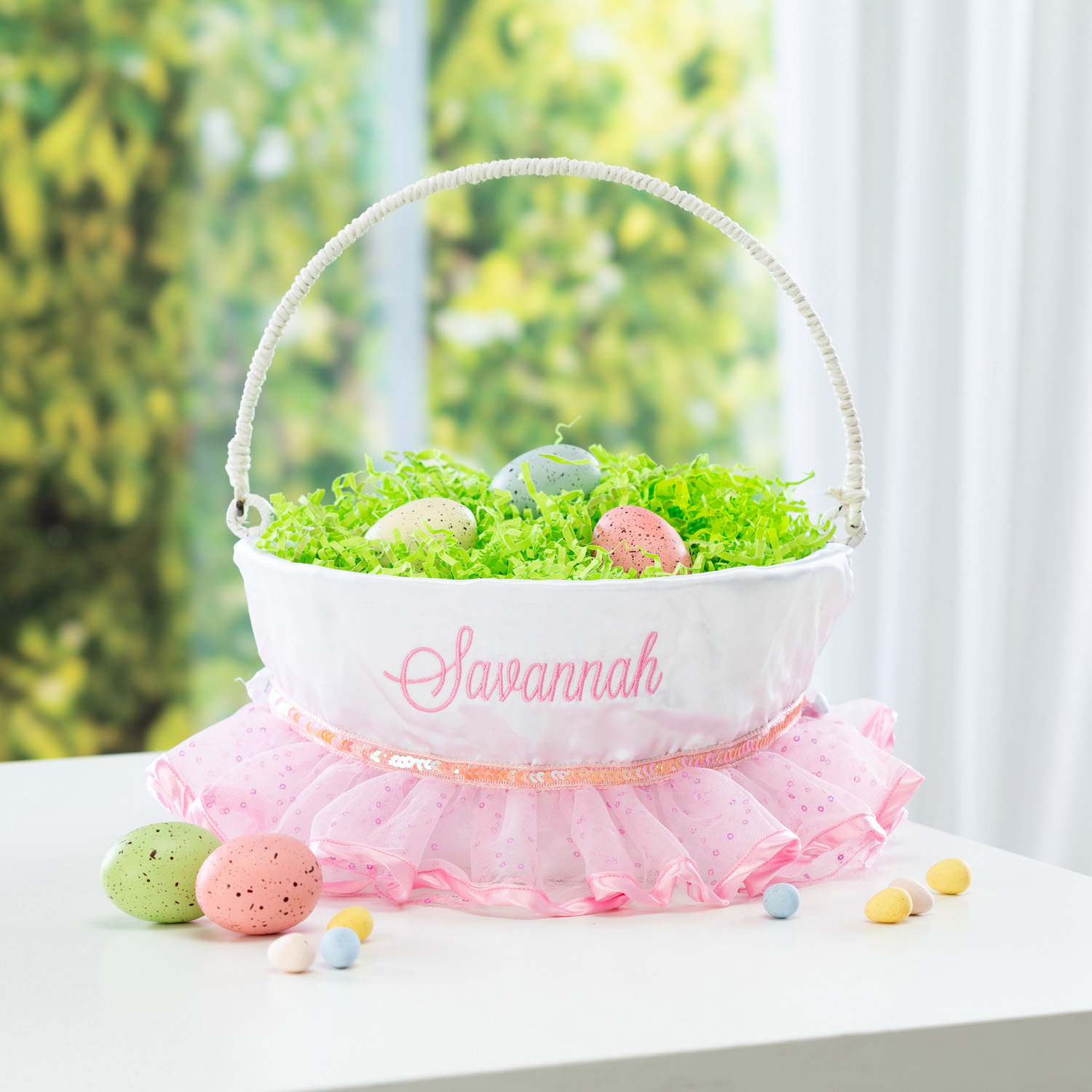 Personalized Planet Pink and White Tutu Liner with Custom Name Embroidered in Pink Thread on White Woven Spring Easter Basket with Collapsible Handle for Egg Hunt or Book Toy Storage - image 2 of 5