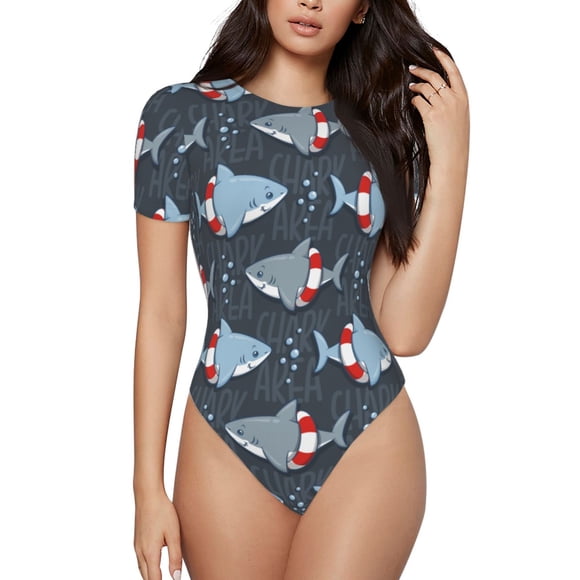 Bingfone Justaucorps à Col Rond pour Femmes Motif Requin Mignon, Manches Courtes à Boutons-Pression, Adapté pour Fête, Sport, Usage Quotidien-Moyen