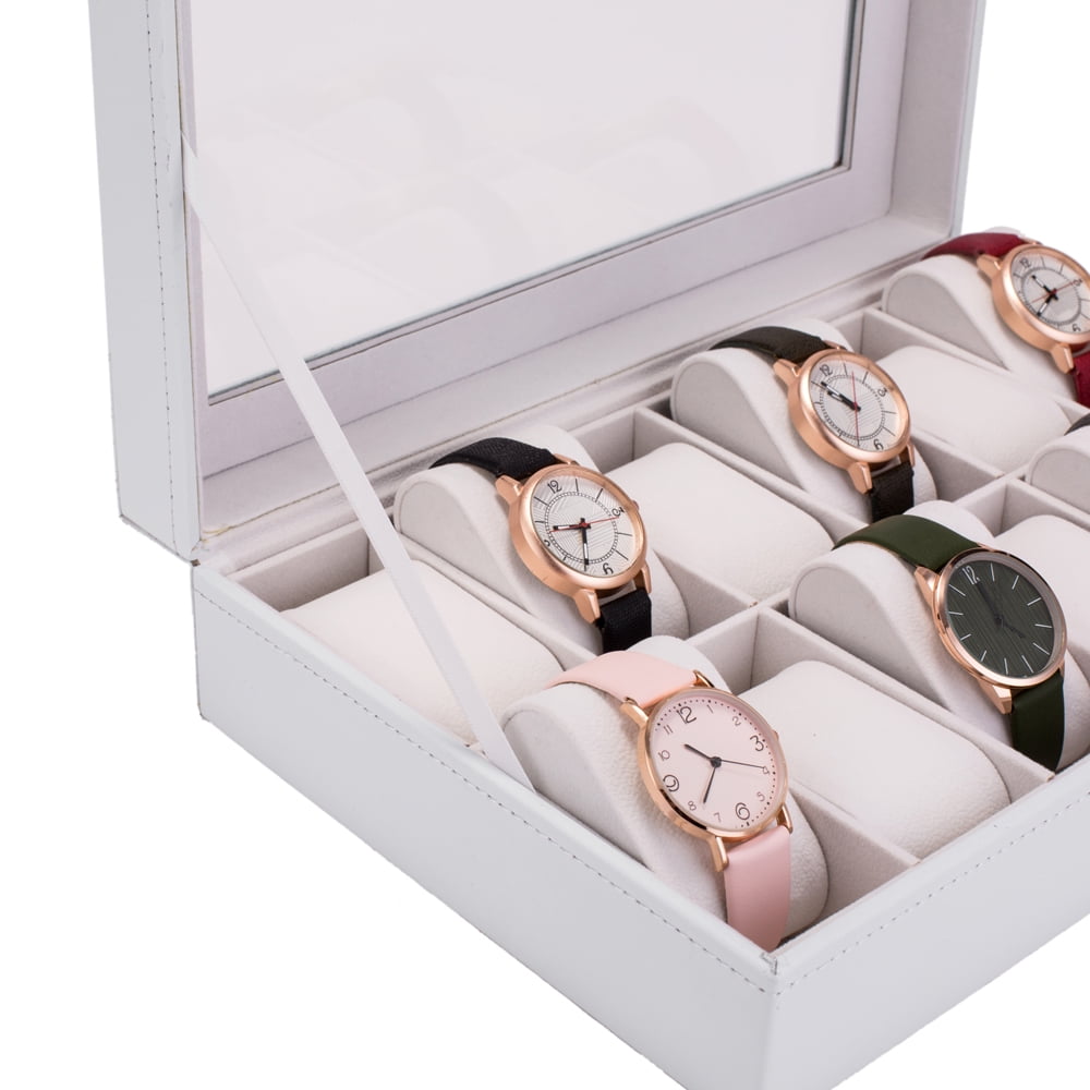 Kepooman 12 Slot Watch Box, PU Leather Case Organizer with Jewelry Drawer, White