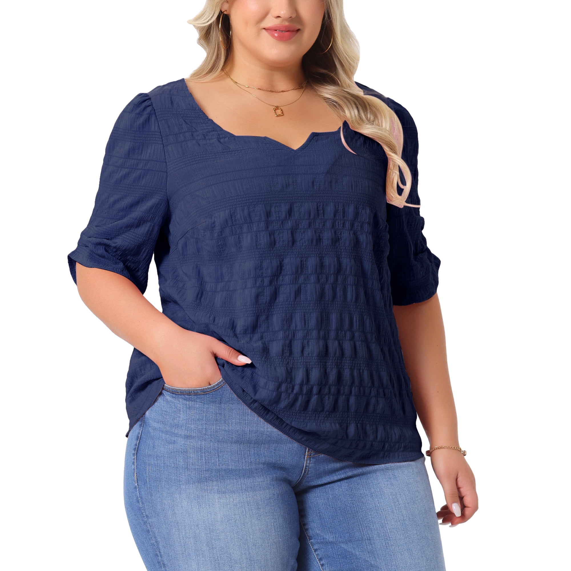 DARING DIVA Women's Plus Textured Notched V Neck Blouse 3X Dark Blue
