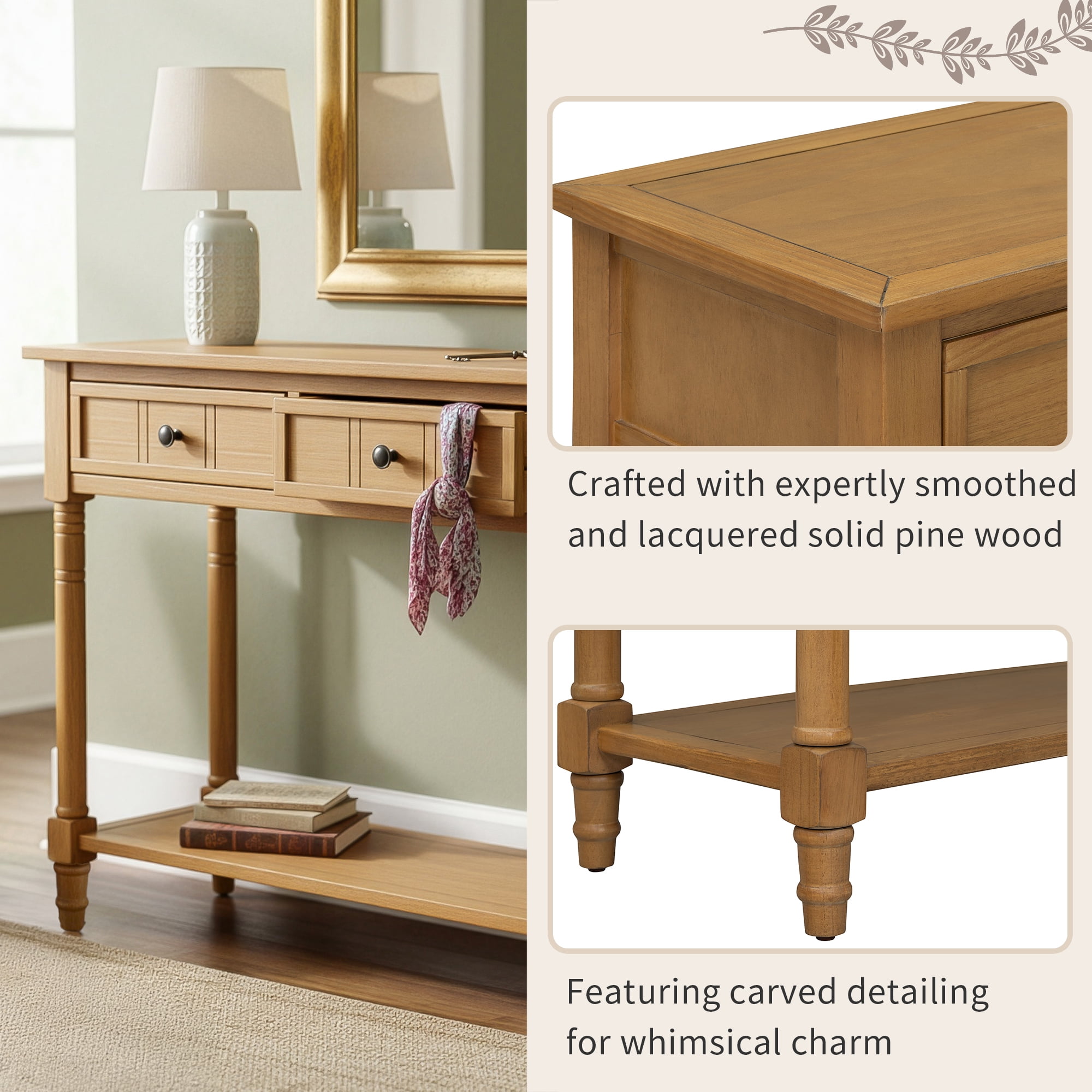 Euroco Farmhouse Wood Console Table with 2 Drawers and Bottom Shelf, 2-Tier Narrow Entryway Table Sofa Table Behind The Couch for Entrance, Hallway,Living Room, Foyer,Natural