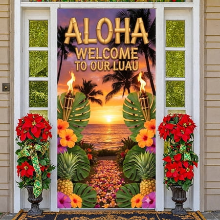 Tropical Style Luau Party Banner Sunset Beach Hawaiian Welcome Backdrop Hibiscus Flower Decor Pineapple Beach Celebration Display for Luau Parties Hawaiian Celebrations Tropical Gatherings