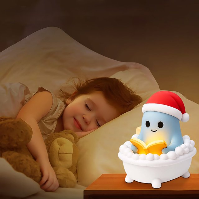 Luz de noche festiva de bañera fantasma con sombrero de Navidad - Decoración de Halloween y navideñas, luz de lectura, regalo único