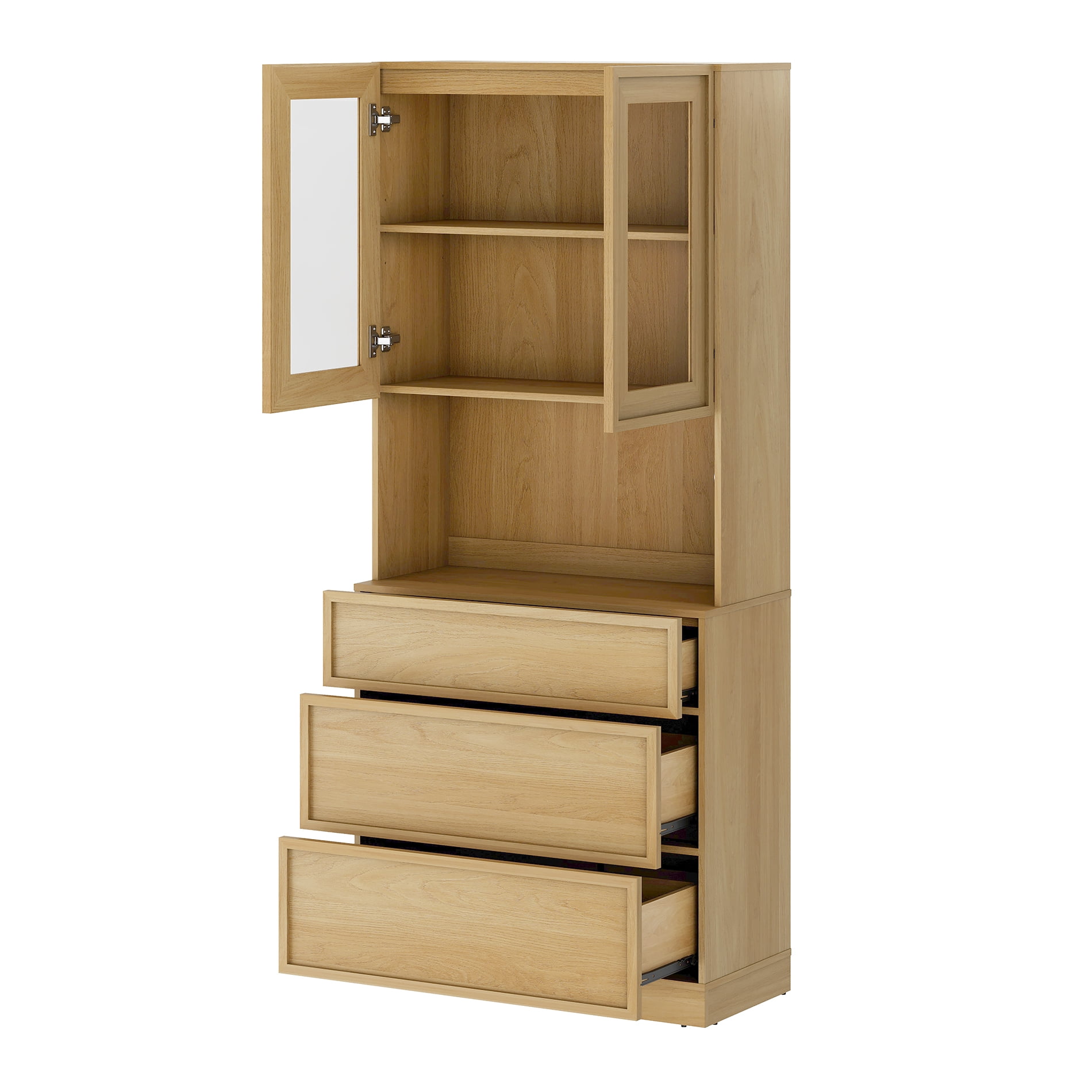 Modern 72" Tall Wood Sideboard Buffet with 9 Drawers, Glass Display & Closed Storage for Dining Kitchen,Oak