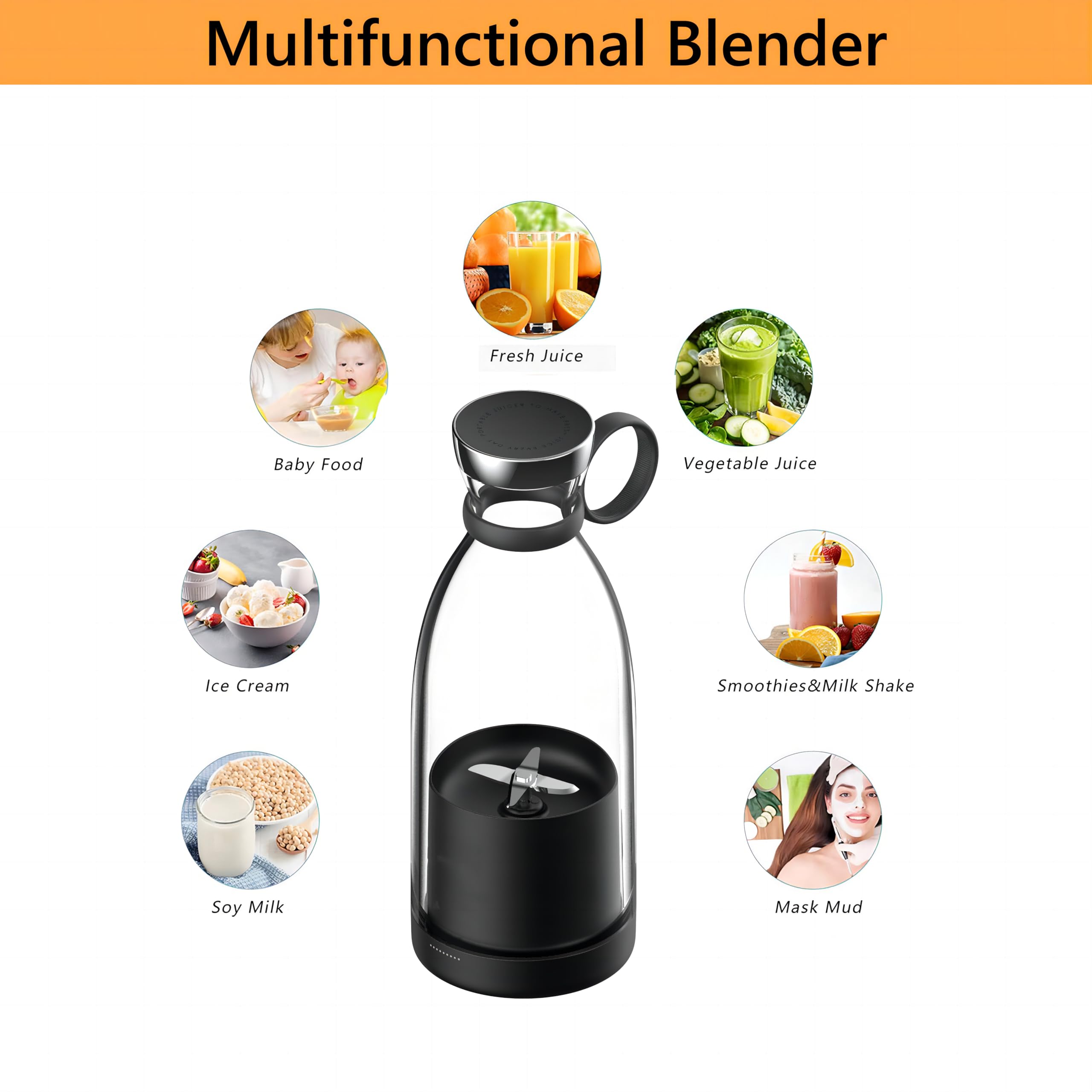 Portable Blender for Shakes and Smoothies with 11.83 Oz Travel Cup and Lid,Durable Stainless Steel Blades for Juice Blending Performance, Black