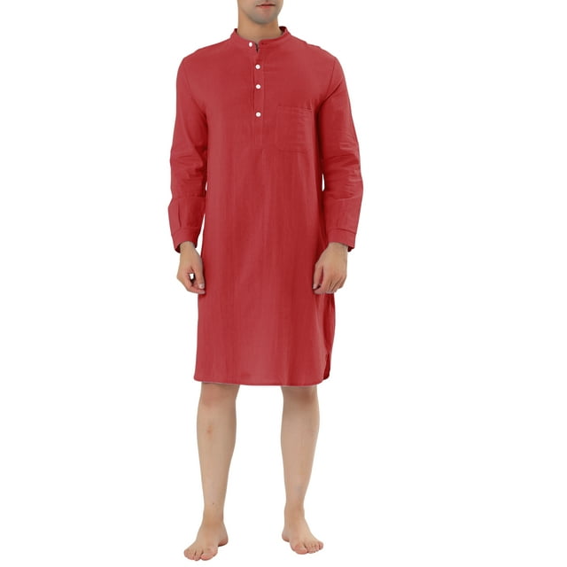 INSPIRE CHIC Chemise de Nuit pour Homme à Col Henley à Bande Pyjama Robe de Nuit 2TG Rouge