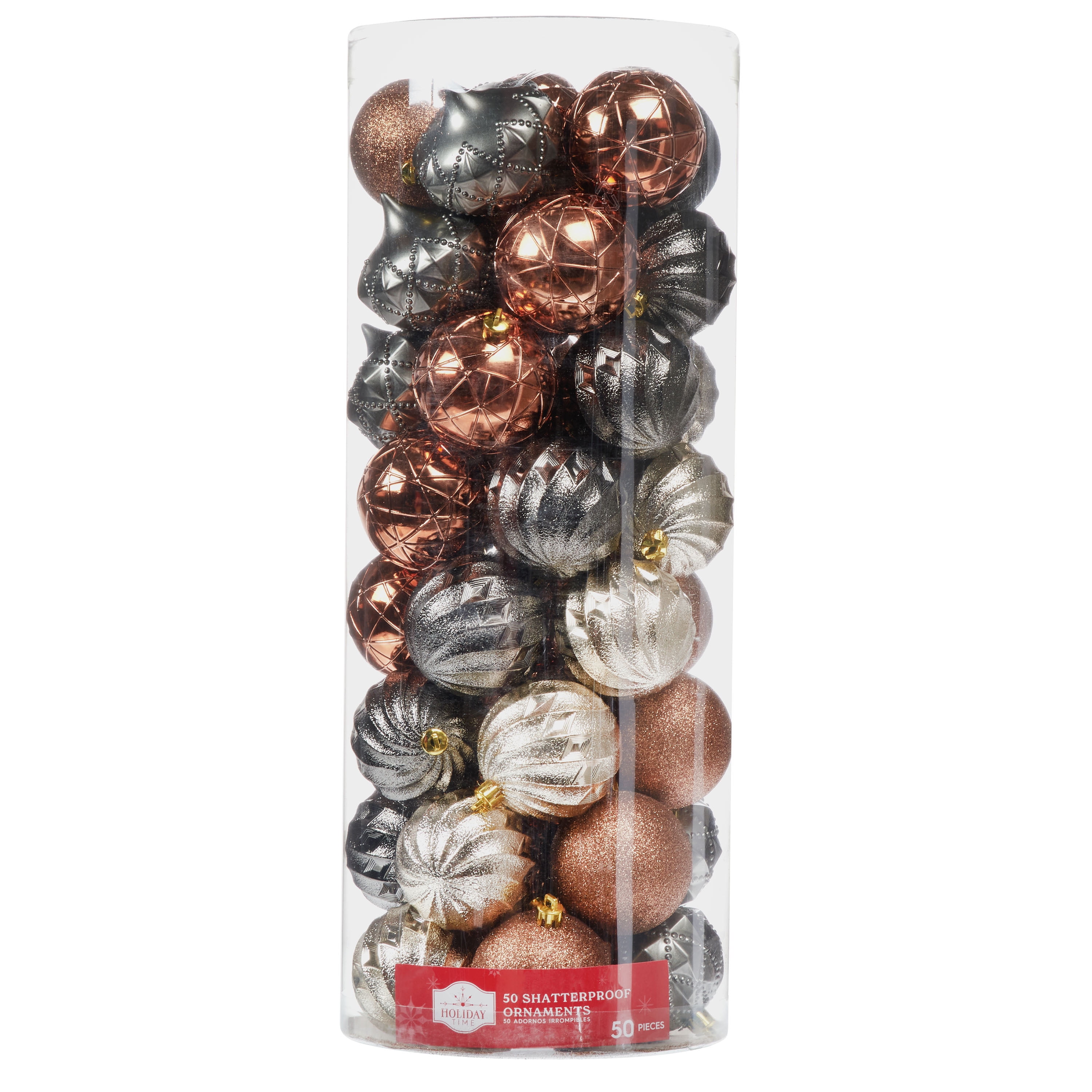 Holiday Time Shatterproof Christmas Ornaments, Copper and Gunmetal, 50 Count