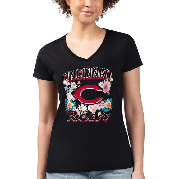 Women's G-III 4Her by Carl Banks Black Cincinnati Reds Flowers Graphic Fitted V-Neck T-Shirt