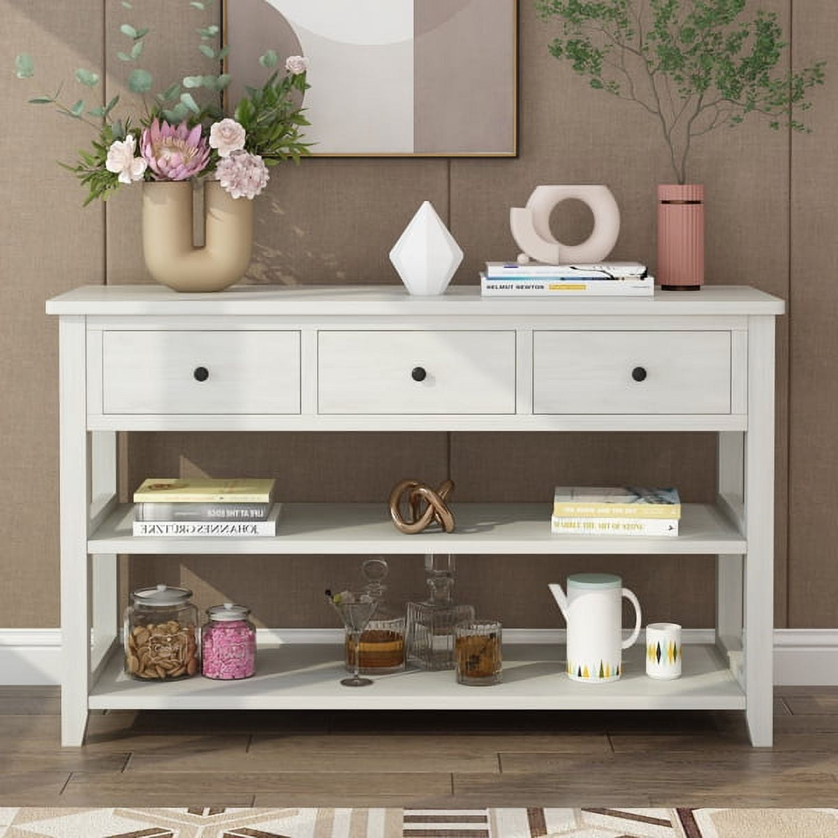 47.2" Vintage Console Table - Antique White MDF, 4 Drawers & Open Shelf, 200lb Capacity, American Country Style for Entryway, Living Room, Bedroom
