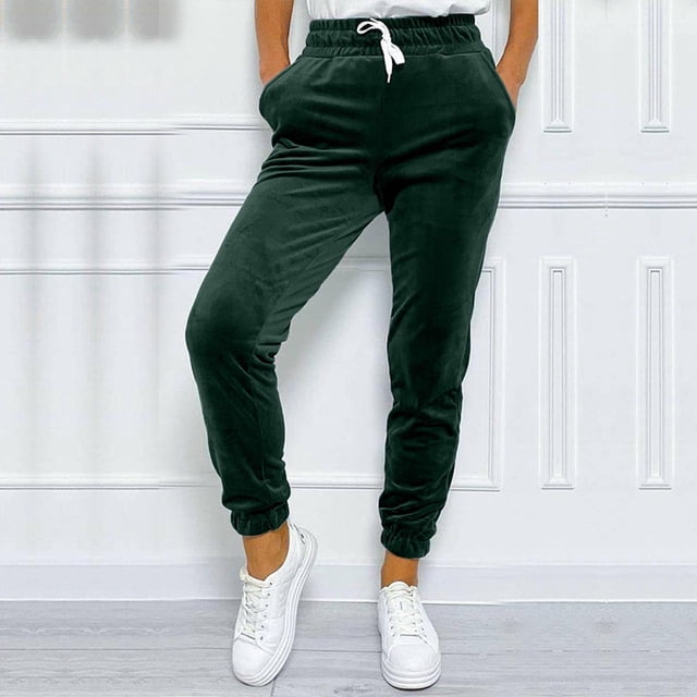 Jsaierl Pantalon de Jogging en Velours pour Femmes Taille Haute Élastique avec Cordon de Serrage Pantalon de Course Décontracté pour Randonnée en Plein Air avec Poches