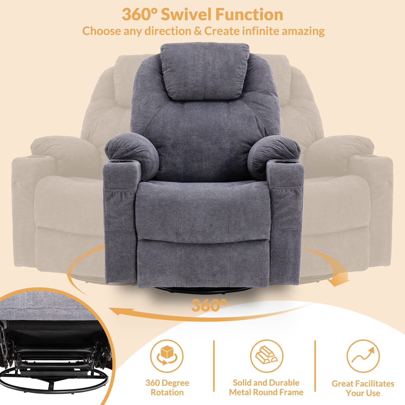 W WARMHOL Swivel Rocker Recliner Chair - Manual Glider Rocking Recliner Chair with Heated Massage Ergonomic Lounge Reclining Chair with Cup Holders/4 Pockets/Remote Control/USB Ports (Gray)